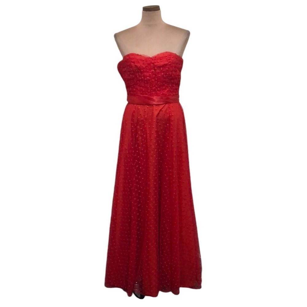 Vintage Formal Maxi Dress Size XS Red Swiss Dot Strapless Ruched Bust Gown